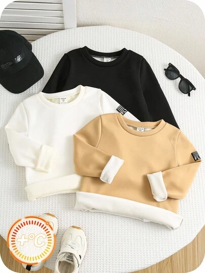 SHEIN 3件套男童加厚圆领长袖T恤，舒适百搭休闲基础款上衣，适合室内、室外、日常穿着、运动、玩耍、聚会、拍照、返校、万圣节、圣诞节、新年等节日以及秋冬季节穿着。