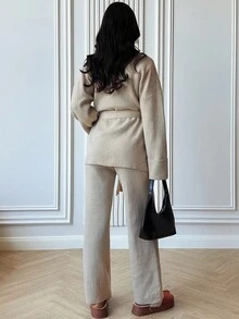 Firerie 女士优雅休闲度假通勤V领宽松腰部毛衣上衣和高腰阔腿裤毛衣套装，适合春秋冬季，休闲毛衣裤套装 - 杏色 - 查看 9