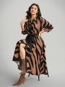 Comfylo Damen Große Größen Zebra-Muster Langarm Einreiher Lässig Hemdblusenkleid - Verschiedenfarbig - Übersicht 7