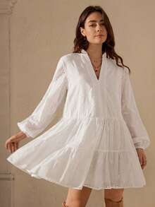 Wildy Vestido corto casual de mujer con mangas farol, cuello en V, dobladillo con volantes, bordado y estampado tie-dye, estilo vacacional