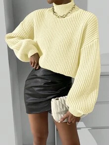 RosyDaze Women's Solid Color High Waist Drop Shoulder Long Lantern Sleeve Loose Casual Pullover Sweater Butter Yellow Sweater Puff Sleeve Sweater Women Sweater Winter Sweater Yellow Sweater