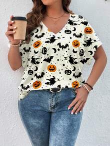 SHEIN LUNE 万圣节休闲南瓜和蝙蝠全身印花宽松大码女式 V 领短袖 T 恤套头衫，适合夏季