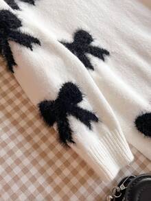 SHEIN 少女蝴蝶结装饰高领长袖休闲针织连衣裙，秋冬 - 黑與白 - 查看 4