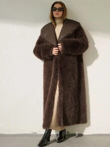 Aveloria Modichic Reversible Fashionable Minimalist High-End PU Leather Long Jacket, Faux Fur Coat For Women - Brown - View 8