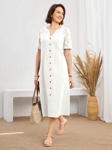 Miaspire 女士休闲V领蕾丝拼接中长连衣裙 - 白色 - 查看 3