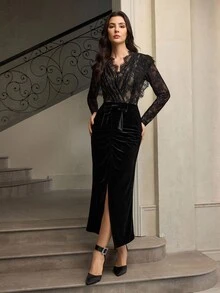 ZEYLAH Vestido maxi elegante con cuello en V, manga larga, parches de encaje y terciopelo, otoño/invierno - Negro - Ver 5