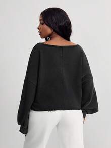 SHEIN PETITE CURVE Women's Casual Solid Color V-Neck Long Sleeve Loose Pullover Sweatshirt In Fall/Winter - Black - View 2