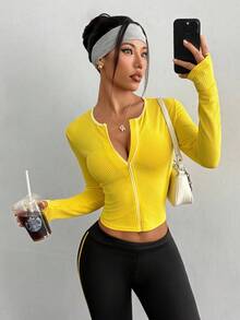 Dewbera 女士瑜伽和户外运动圆领长袖拉链运动夹克 - 黃色 - 查看 7