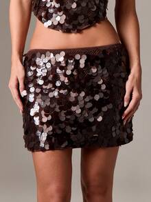 AiiRZ 亮片迷你裙 夜店派对 节日婚礼 闪亮A字铅笔裙 膝上 晚宴 庆典 音乐会 裙装 金属亮片 - 巧克力棕 - 查看 4