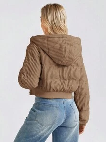 SHEIN LUNE 女式短款休闲街头时尚灯芯绒棉衣，冬季 - 棕色 - 查看 2