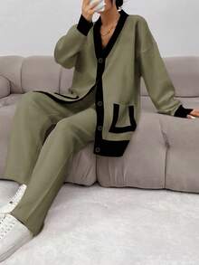 EURMUSE Women's Contrast Color Button Front Drop Shoulder Long Sleeve Pocket Loose Cardigan And Pants Knit Two Pieces Set - Army Green - View 3