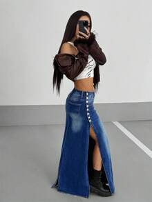 StreetHx Falda larga de mezclilla con abertura de moda para mujer, color azul