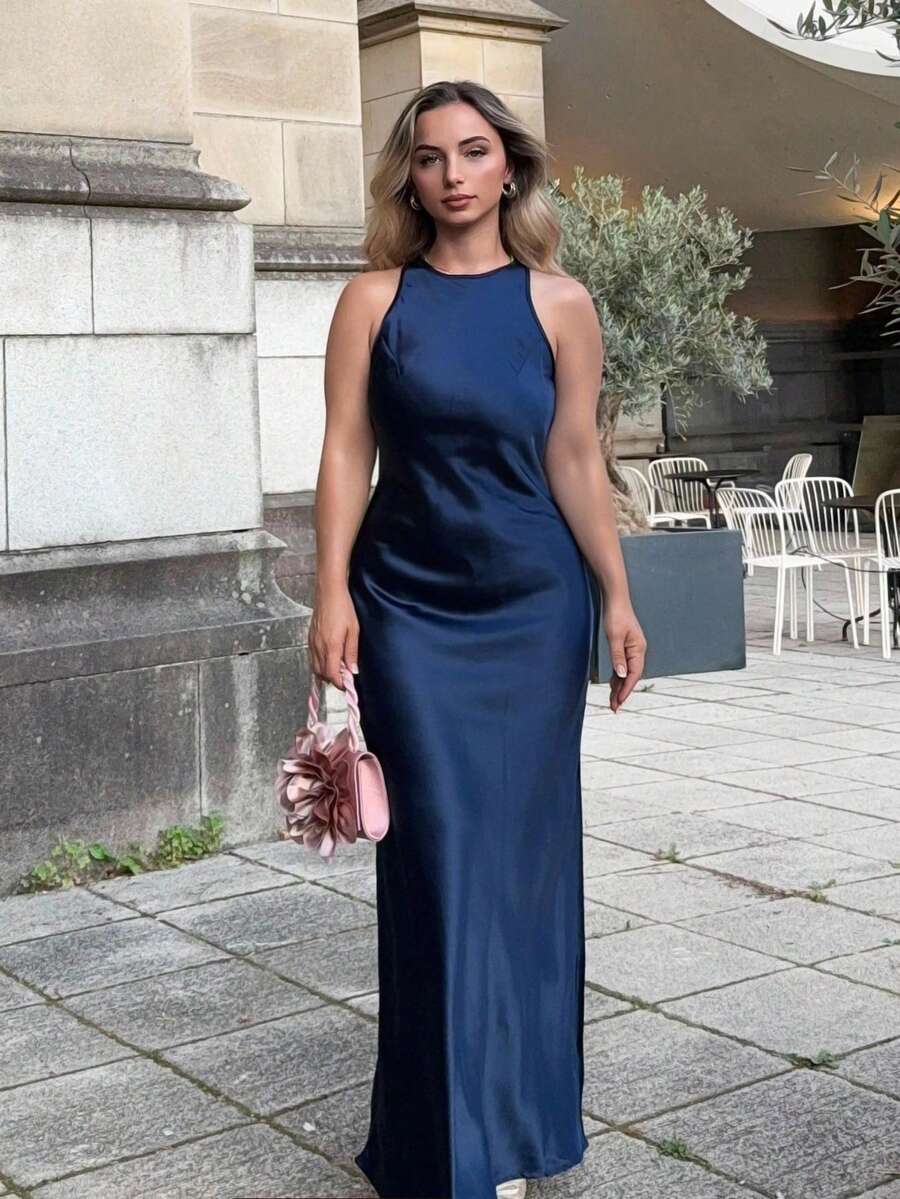 Jeta Ari 简约优雅斜裁双面缎纹醋酸纤维面料 A 字型无袖连衣裙，凸显女性魅力 - 藏蓝色 - 查看 1