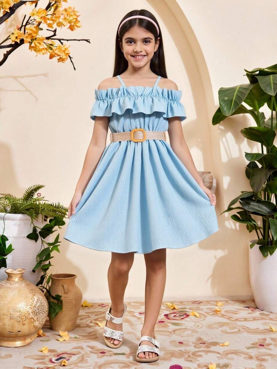 Vestido Con Cinturón Para Niñas Adolescentes Con Hombros Fríos, Con Detalle De Volantes - Azul - Ver 1