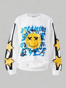 SHEIN Explorewe Tween Girls Casual Street Fashion Sporty Oversized Crew Neck Face Letter Print Long Sleeve Sweatshirt - White - View 5