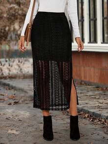 EMERY ROSE Chân váy ren xẻ tà màu trơn thanh lịch dành cho nữ khi đi làm - màu đen - Xem 1