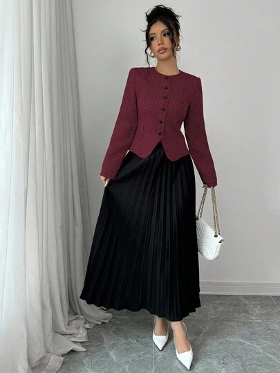 Elenzga 女士粗花呢长袖夹克和百褶中长裙优雅套装