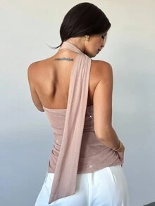 Firerie Eleganckie, falbaniaste, połyskujące bluzki damskie z siateczki/Ubrania jesienne/Eleganckie bluzki damskie/Szykowne bluzki/Szykowne bluzki jesienne/Stroje na randkę/Bluzki na imprezę - Kolor khaki - Zobacz 3