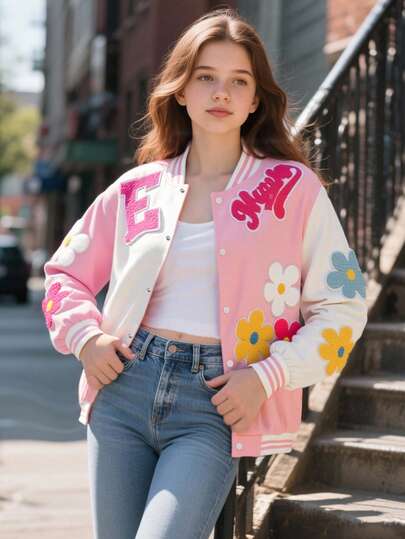 SHEIN 女童休闲时尚百搭彩色 3D 花卉撞色宽松棒球夹克外套，春秋
