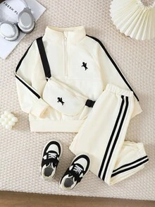 Genkimix Kids 2 件幼儿秋冬套装，儿童上衣采用半拉链和袋装设计，裤子采用卷边下摆和撞色饰边，简洁可爱，适合街头、学校、户外