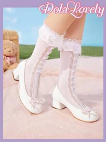 Dola Lovely Damen Schleifchen Mary Jane Schuhe, Pumps mit rundem Zehenbereich, Schnallenriemen und dickem Absatz, modische vielseitige weiße Schuhe