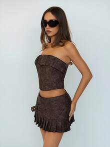 SHEIN ICON 2件套女士性感短款上衣和镂空金属装饰短裙套装 - 棕色 - 查看 5
