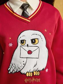 HARRY POTTER X SHEIN Women's Cute Hedwig Letter & Cartoon Owl Embroidery V-Neck Long Sleeve Pullover Sweatshirt,Red Fleece Sweatshirt,Fall  Winter Christmas - Red - View 8