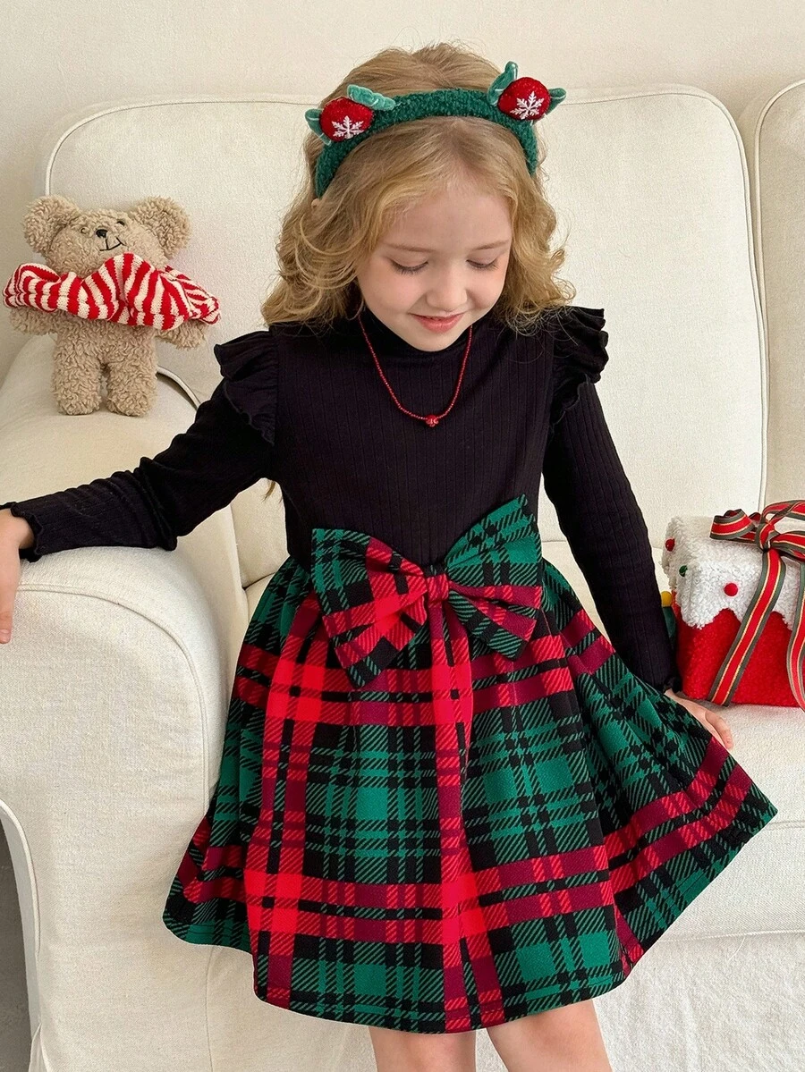 LMoss Kids LMoss Young Girl Knitted Round Neck Ruffle Hem Plaid Casual Dress,Girls Autumn Princess Birthday Christmas French Style Long Sleeve Patchwork Dress - Multicolor - View 1