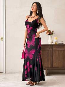 EastFlair 女士优雅派对花卉蝴蝶印花露背连衣裙 - 黑色 - 查看 2