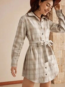 Wildy Women's Christmas Clothes Fall Dress Women's Fashionable Casual Plaid Print Single-Breasted Short Dress Plaid Dress Women Shirt Dress Western Dress Button Up Dress Long Sleeve Going Out Dress Going Out Outfits Plaid Mini Dress New Year Women's Clothes Elegant Dresses - Apricot - View 3