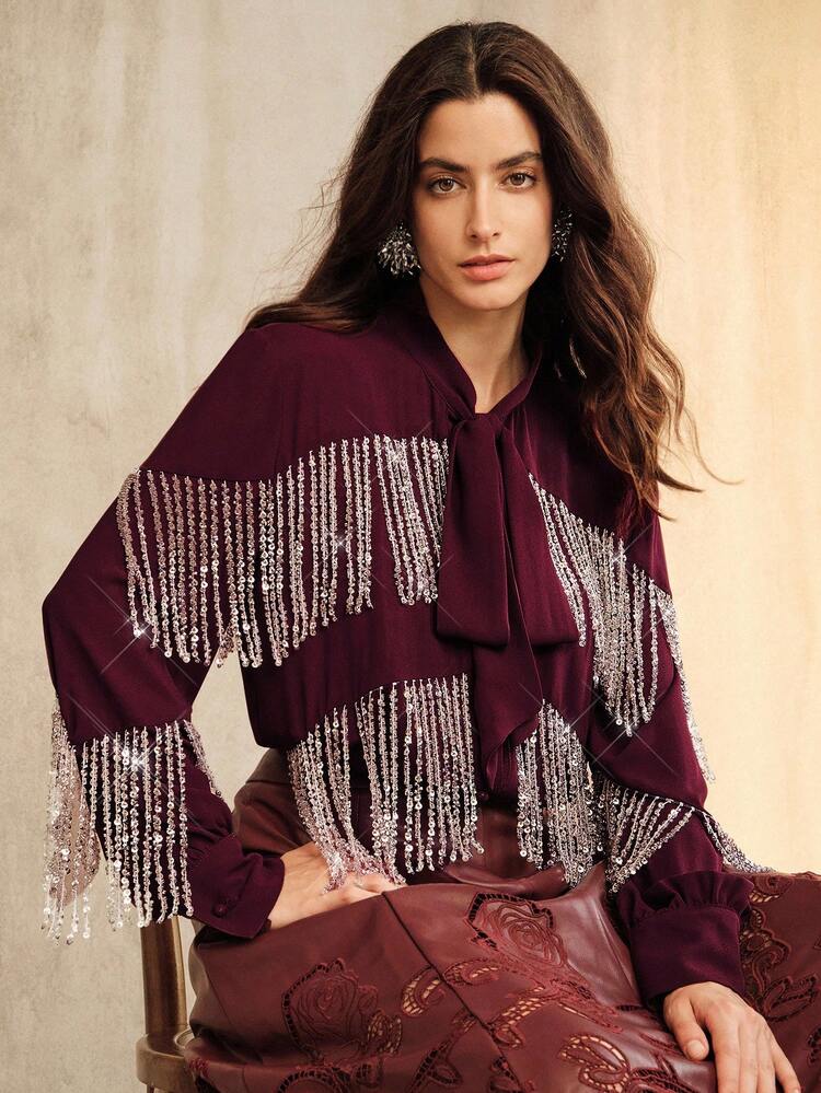 Women's Elegant Blouse, Minimalist Commuter Style, Tie-Front Fringe Blouse