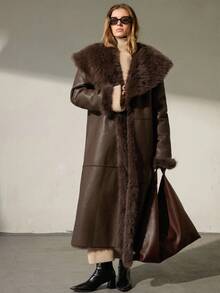 Aveloria Modichic Reversible Fashionable Minimalist High-End PU Leather Long Jacket, Faux Fur Coat For Women - Brown - View 7