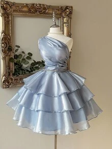 Lovelzi Thanh lịch, Lãng mạn, Dễ thương, Cổ tích, Xuân Hè, Xanh dương, Lấp lánh, Vải Organza, Một vai, Cổ áo đối xứng, Xếp ly, Trang trí dây chuyền kim cương, Buộc dây, Dáng chữ A, Chân váy xòe, Váy công chúa ngắn, Thích hợp cho Kỳ nghỉ, Lễ hội, Khách dự đám cưới, Váy tốt nghiệp, Tiệc sinh nhật, Lễ khai trương, Váy dạ hội, Lễ tốt nghiệp, Váy tốt nghiệp cho nữ, Váy đi học, Ngày Valentine - Màu xanh lam - Xem 5