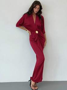 Aloruh 女士纯色重叠V领蝙蝠袖褶裥修身优雅长连衣裙，婚礼宾客礼服 - 酒紅色 - 查看 8