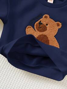 Cozy Pixies 2pcs Baby Boy Cartoon Bear Pattern Knit Soft Crew Neck Long Sleeve Pullover Sweatshirt And Elastic Waist Ankle Length Pants Set Fall Winter - Navy Blue - View 6