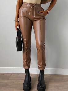EURMUSE Pantalones de PU con cinturón - Marrón - Ver 3