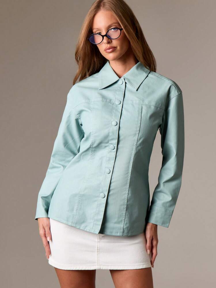 Shirt Jacket Stylish PU Fitted Button Down Classic Collar