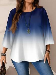 Mellowie 大码女式全身印花宽松圆领 3/4 袖休闲衬衫，秋冬 - 藍色 - 查看 7