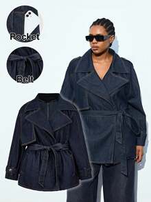 Maija Plus Size Dark Blue Denim Jacket, Elegant Trench Coat With Bow Belt, French Elegant Autumn Jacket