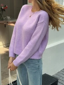 Livesso 女士日常休闲纯色落肩毛衣秋季 - 紫色 - 查看 1