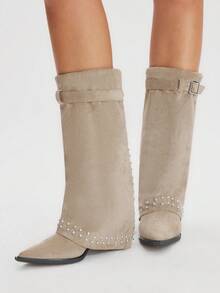 Styleloop 女士休闲粗跟时尚性感西部牛仔靴，适合万圣节、圣诞节、秋季服装，棕色牛仔靴，核心 - 杏色 - 查看 2