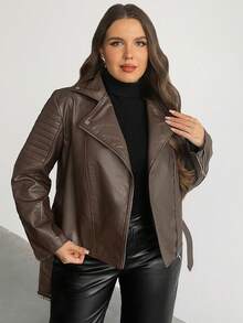 SHEIN Privé Elegante, lässige, personalisierte Blazer mit Langarm, Revers, Tasche und geprägtem PU-Leder für große Größen, geeignet für Urlaub, Neujahr, Party, elegante Bürokleidung. Braune Motorradjacke für Frauen, braune Lederjacke für Frauen, Motorradjacke in Große Größen, braune Jacke in Große Größen, Lederjacke in Große Größen für Herbst/Winter, braune Fake-Lederjacke, braune Jacke für Damen, Damenbekleidung - Braun - Übersicht 2