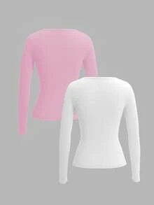 SHEIN EZwear 2件裝女款小馬印花針織長袖T恤，適合秋冬季 - 彩色 - 查看 2