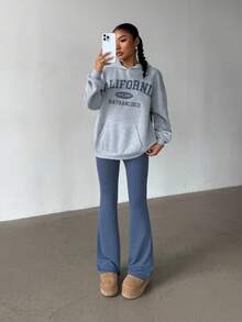 SHEIN Glowzi 青少年女孩两件套，碎花灰蓝色，休闲百搭，宽松长袖运动衫和喇叭裤，返校，干净女孩，运动服 - 灰色 - 查看 4