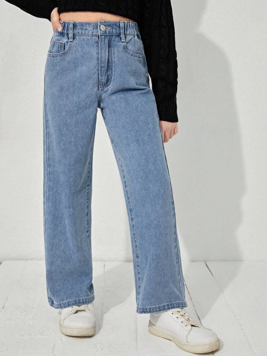 SHEIN Jeans rectos de cintura elástica estilo Y2K para niña preadolescente, de uso diario con bolsillos planos - Azul lavado medio - Ver 1