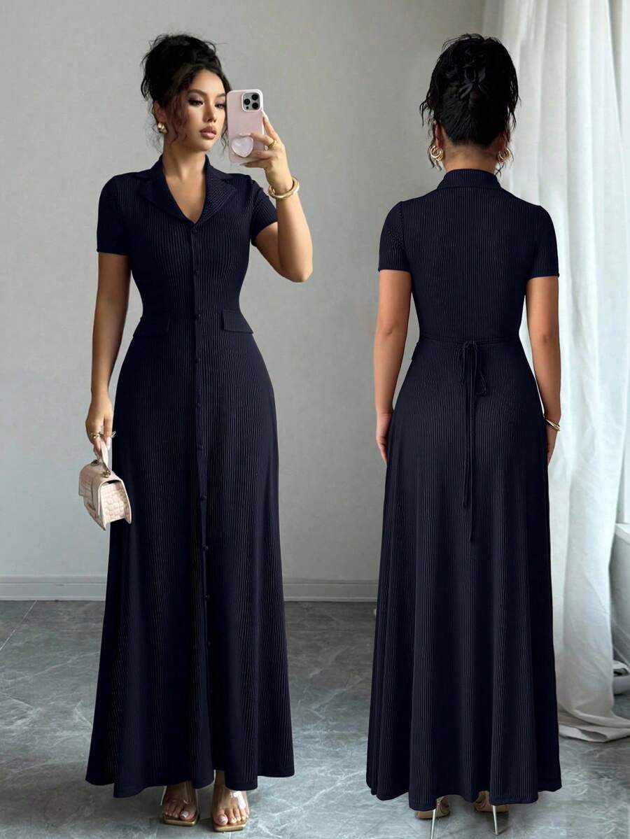 Elenzga Elegant Commuter Brown Lapel Waist Slimming Button Decor A-Line Back Bowknot Short Sleeve Maxi Dress For Women - Navy Blue - View 1