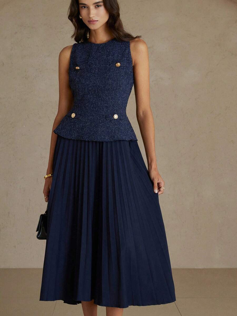 Revavyn 时尚优雅通勤厚料+百褶腰裙无袖连衣裙初秋 - 藏蓝色 - 查看 1