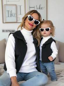 SHEIN Babygirl 可爱百搭黑色蓬松连帽背心外套，秋冬休闲装 - 黑色 - 查看 1