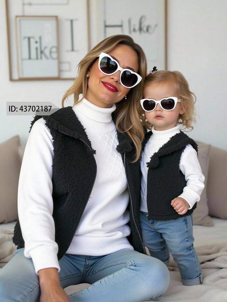 SHEIN Babygirl 可爱百搭黑色蓬松连帽背心外套，秋冬休闲装 - 黑色 - 查看 1