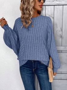 EMERY ROSE Apricot Fuzzy Ribbed Women Long Sleeve Sweatshirt,Fall - Dusty Blue - View 4